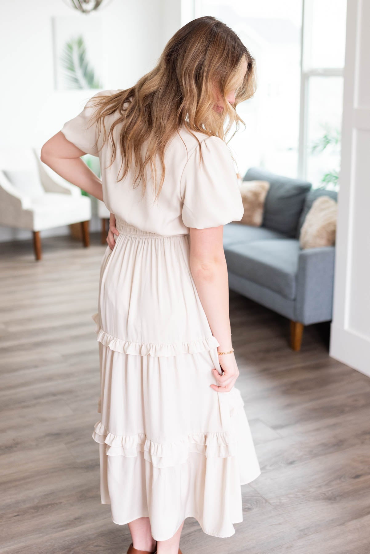 Saylor Ivory Satin Ruffle Dress