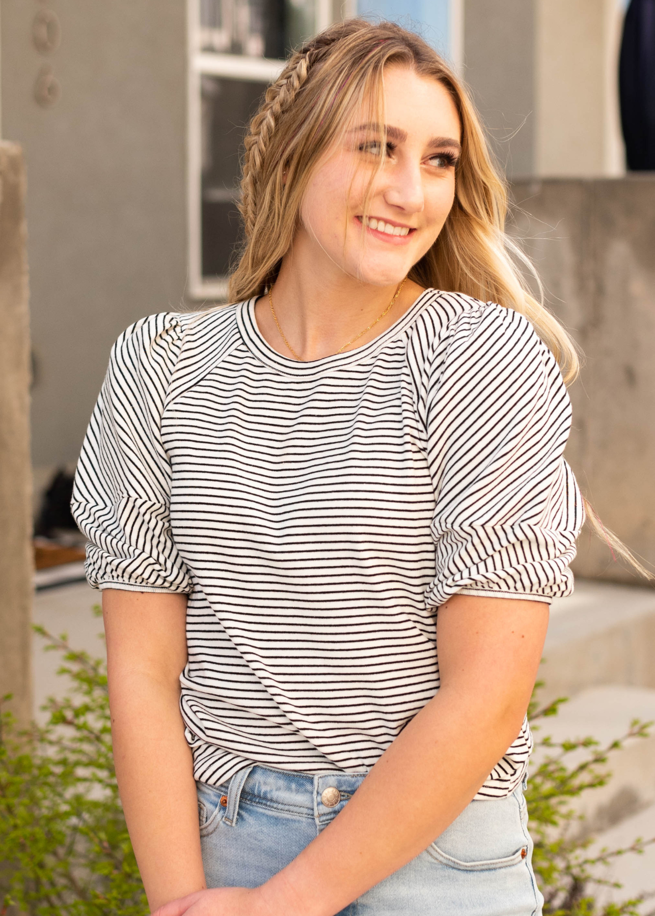 Sheryl Stripe Bubble Sleeve Top
