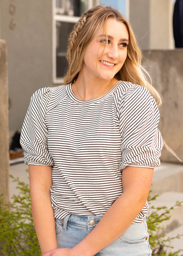 Sheryl Stripe Bubble Sleeve Top