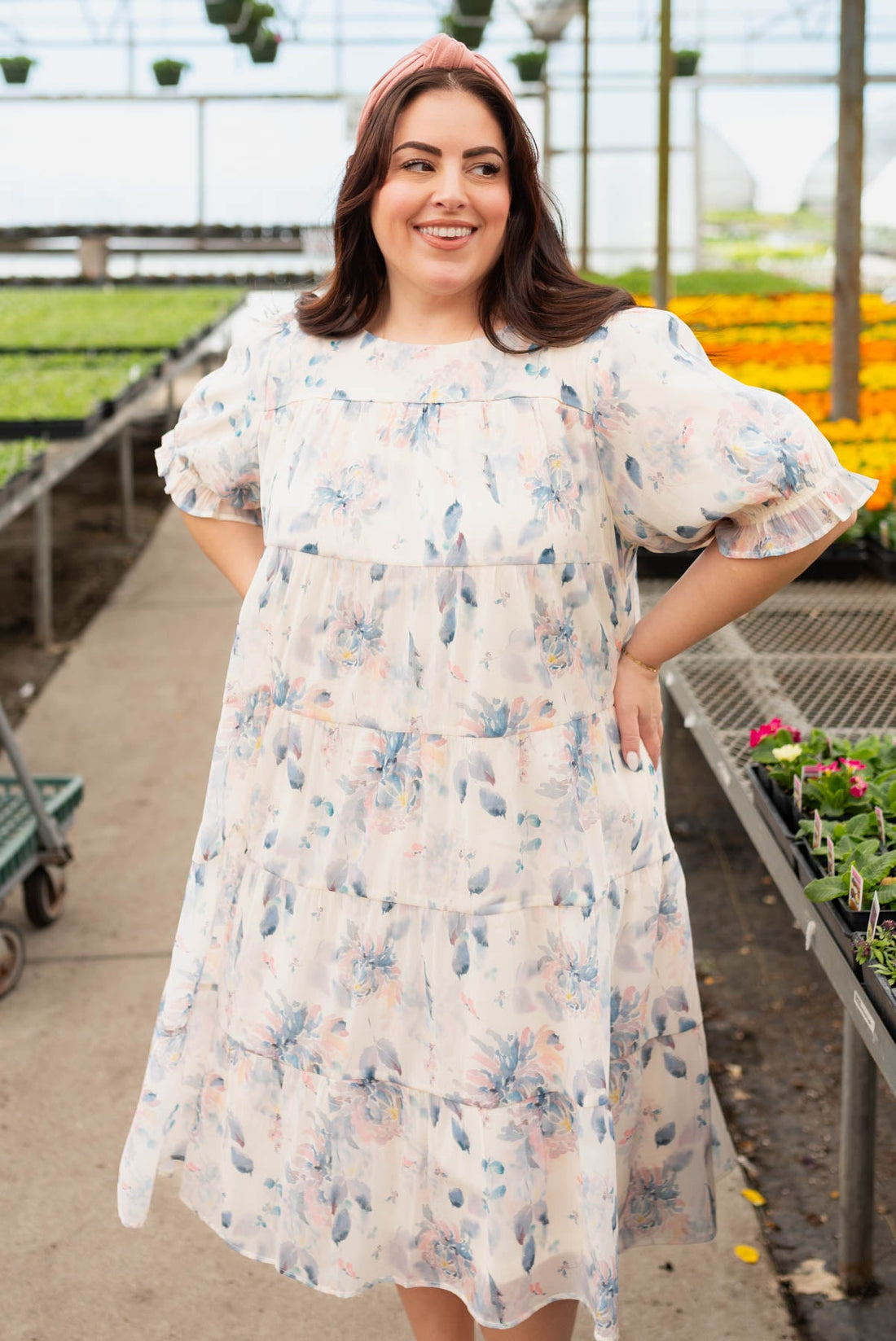 Sky Blue Floral Puff Sleeve Dress