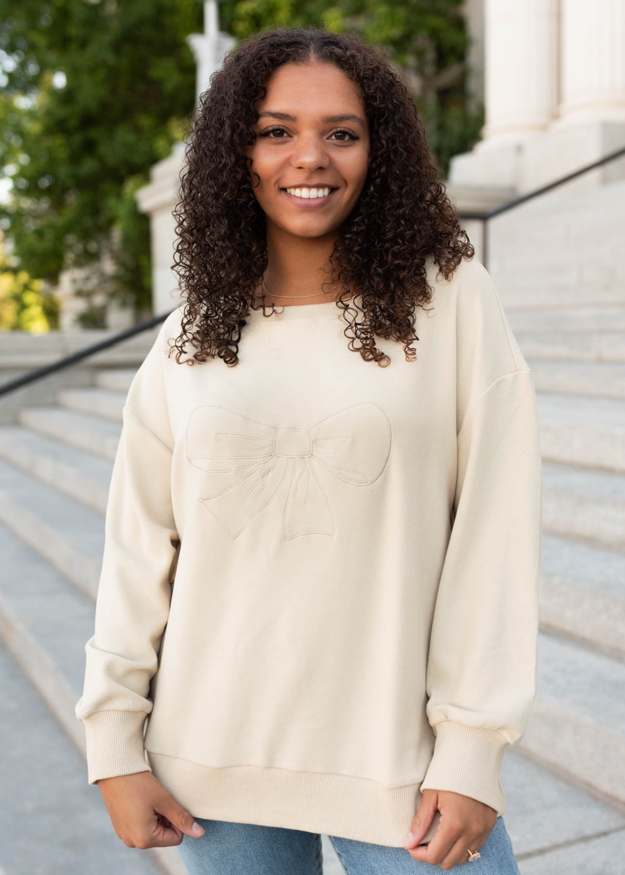 Tessa Beige Embroidered Bow Pullover