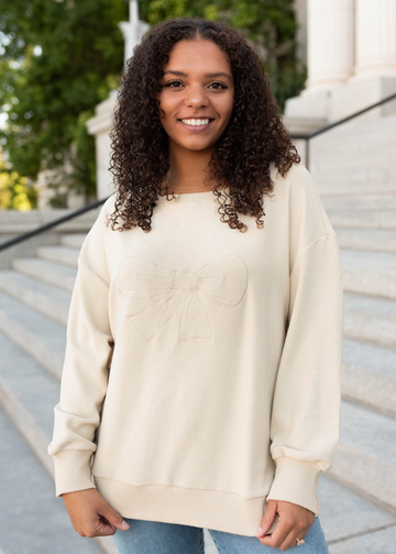 Tessa Beige Embroidered Bow Pullover