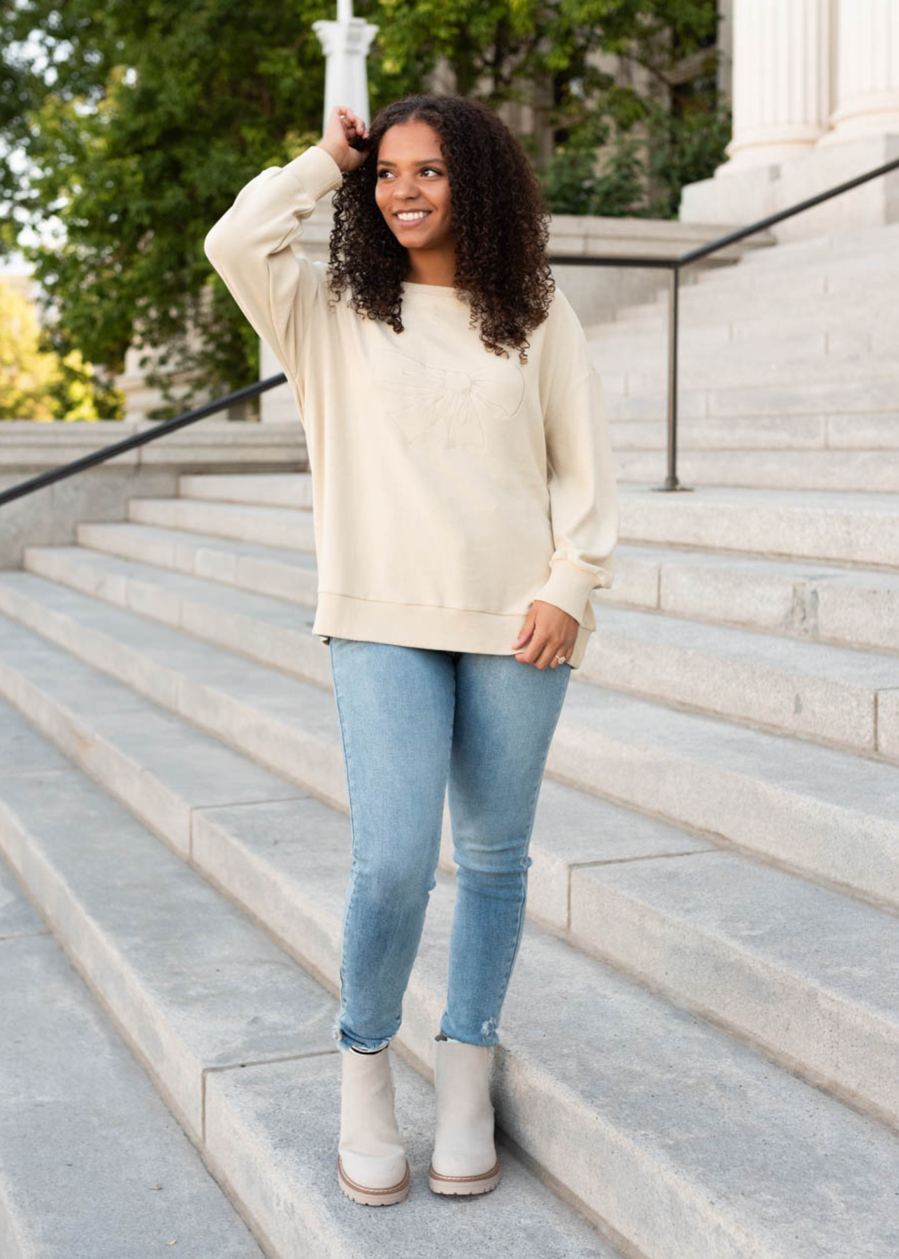 Tessa Beige Embroidered Bow Pullover