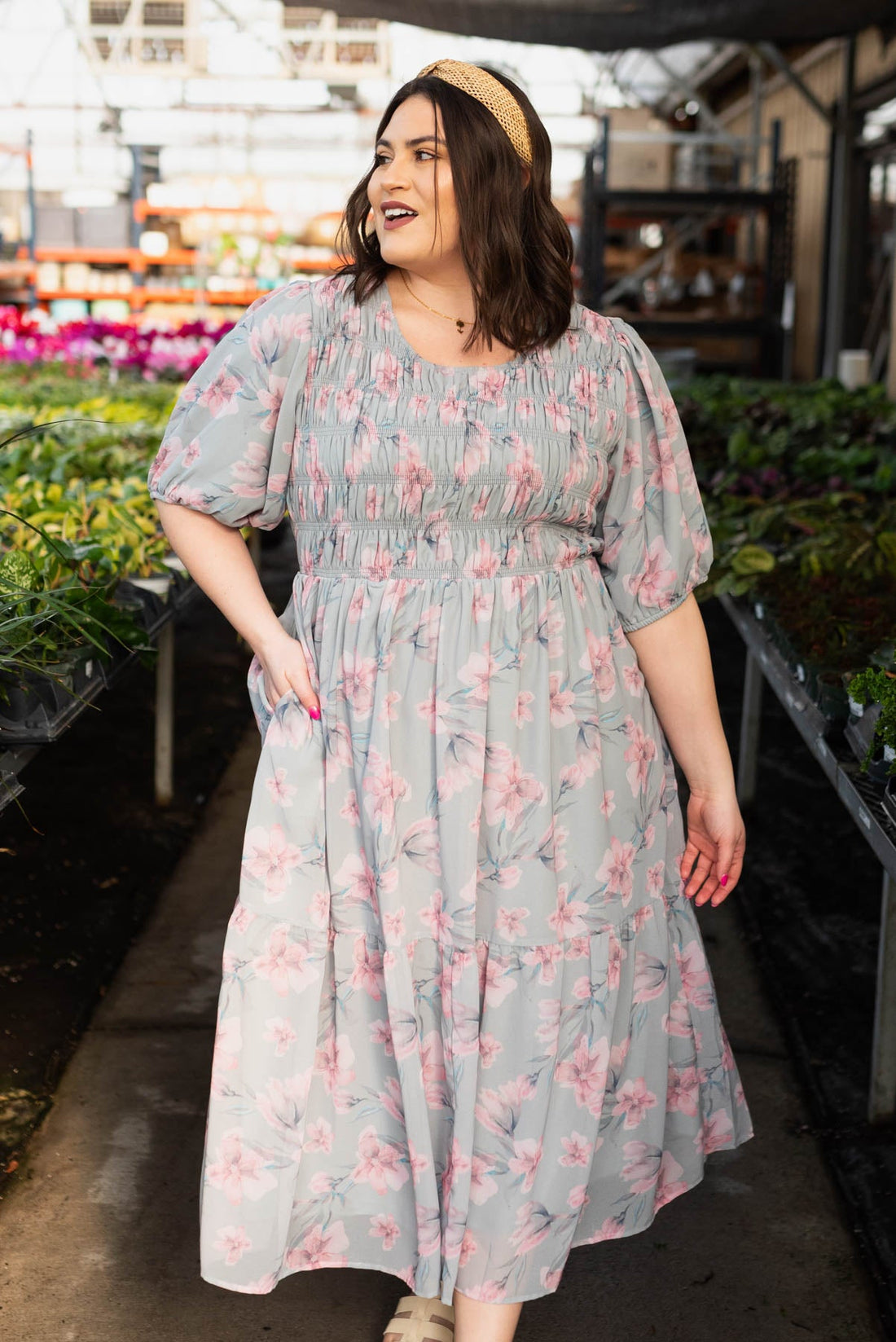 Zayla Sage Gray Watercolor Floral Dress