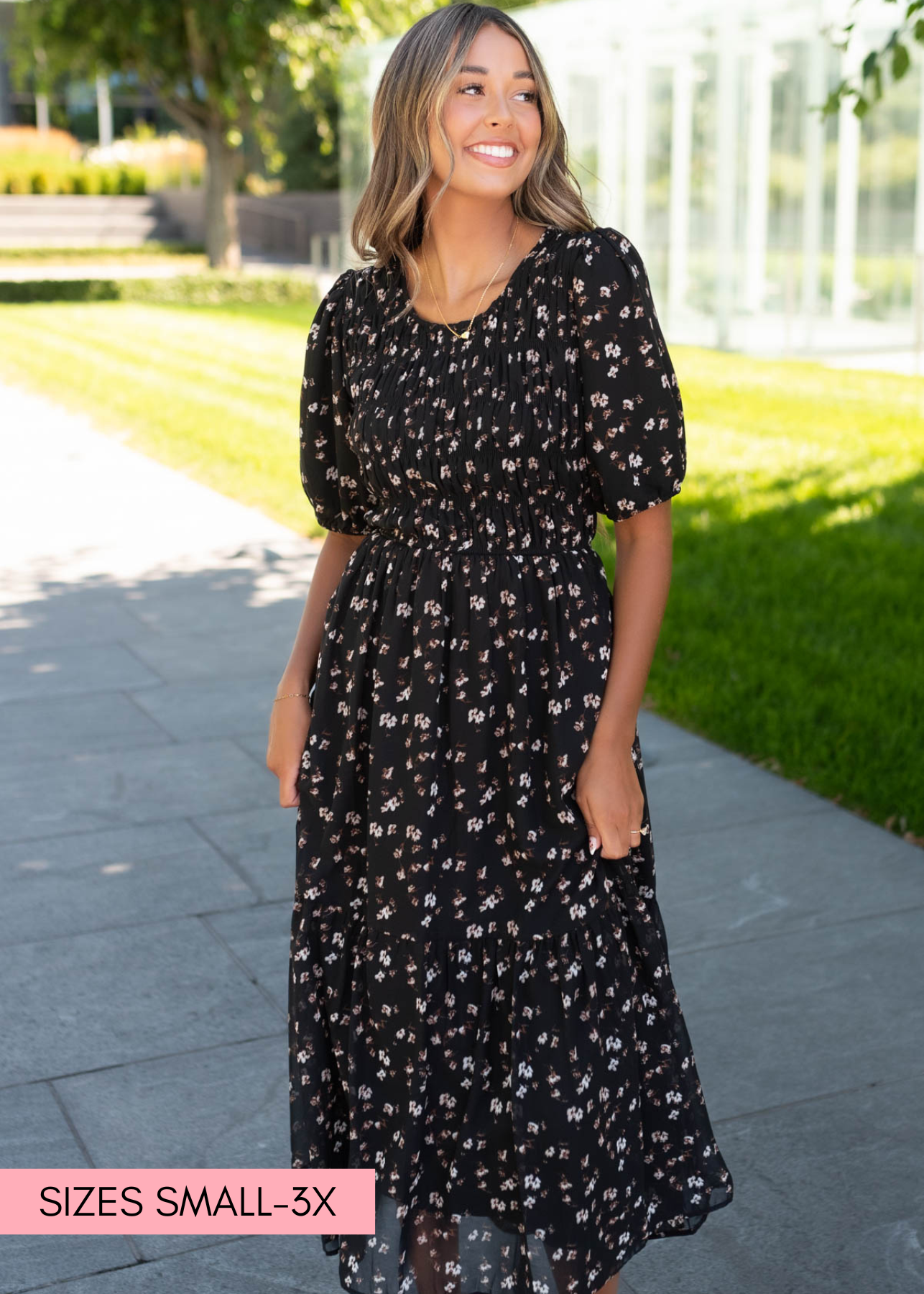 Zaylie Black Floral Smocked Dress